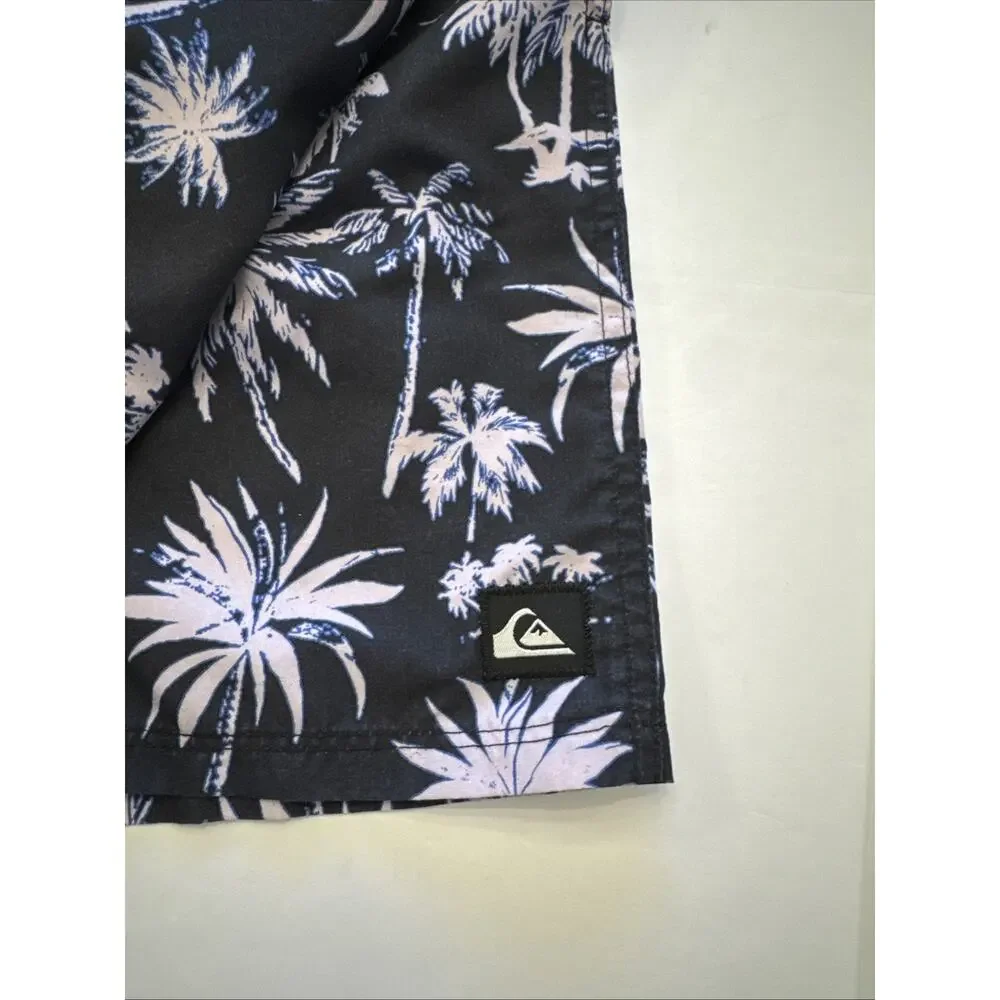 Quicksilver Swimsuit Men’s XXL Black With Lavender Palms Elastic Waist Pockets